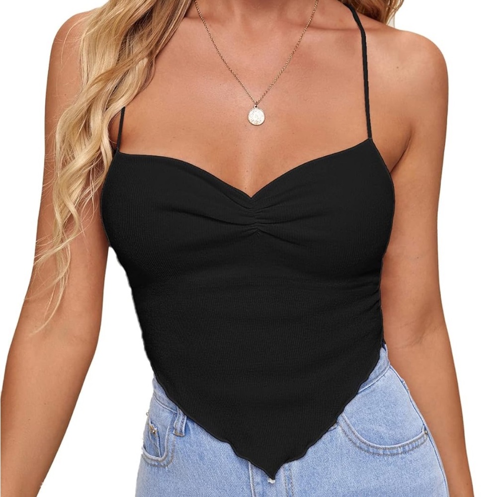 Criss Cross Backless Strappy Asymmetrical Hem Crop Cami Top